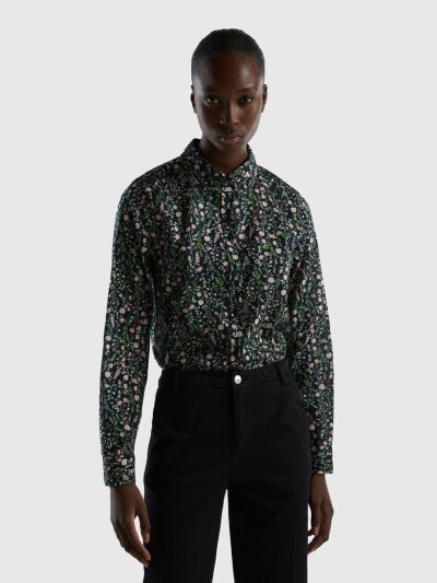Women's Benetton 100% Cotton Patterned Shirts Dark Blue | NZ527923