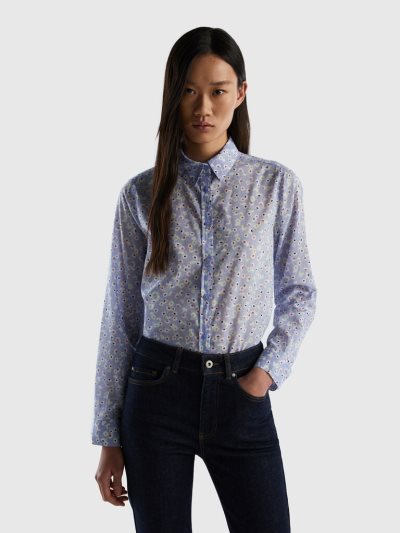 Women's Benetton 100% Cotton Patterned Shirts Light Blue | NZ536948
