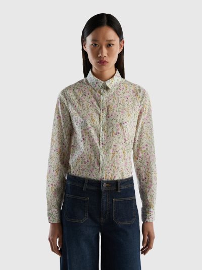 Women's Benetton 100% Cotton Patterned Shirts White | NZ675172