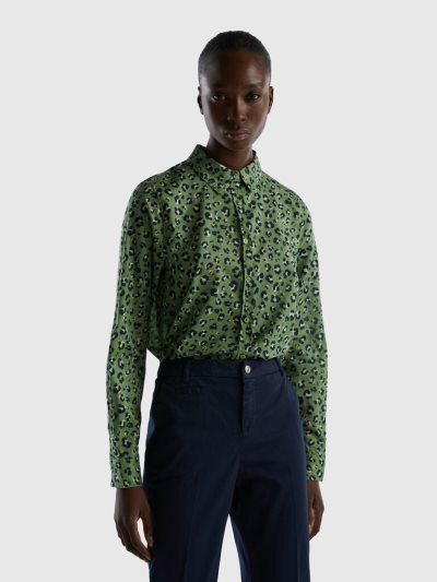 Women's Benetton 100% Cotton Patterned Shirts Green | NZ809832