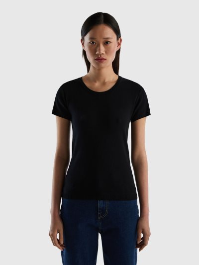 Women's Benetton 100% Cotton Short Sleeve Sweaters Black | NZ020545