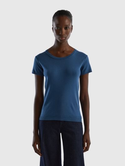 Women's Benetton 100% Cotton Short Sleeve Sweaters Blue | NZ020554