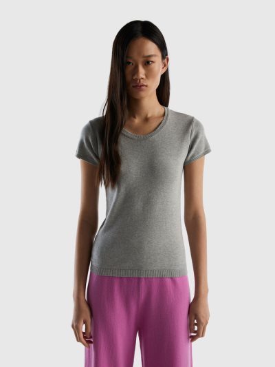 Women's Benetton 100% Cotton Short Sleeve Sweaters Light Grey | NZ068807