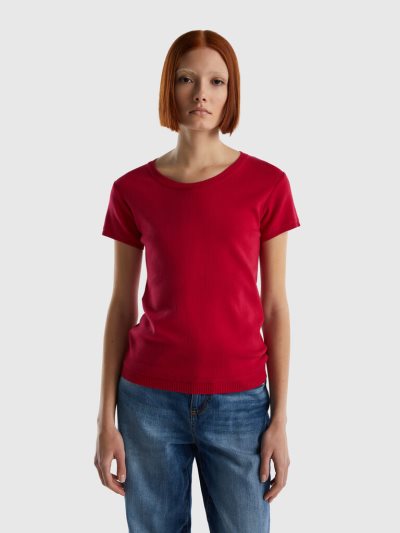 Women's Benetton 100% Cotton Short Sleeve Sweaters Fuchsia | NZ322971