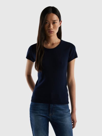 Women's Benetton 100% Cotton Short Sleeve Sweaters Dark Blue | NZ360689