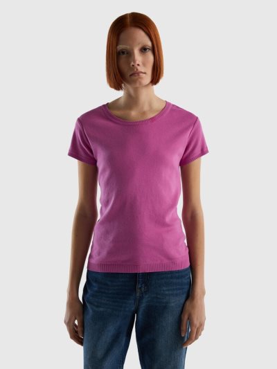Women's Benetton 100% Cotton Short Sleeve Sweaters Pink | NZ410442