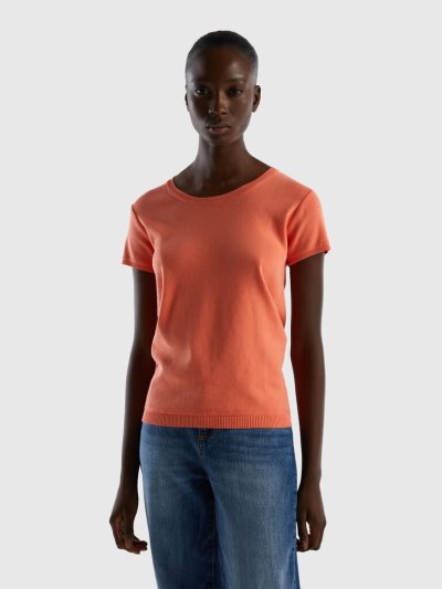 Women's Benetton 100% Cotton Short Sleeve Sweaters Orange | NZ444918