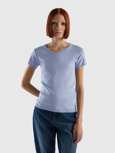 Women's Benetton 100% Cotton Short Sleeve Sweaters Lavender | NZ475695