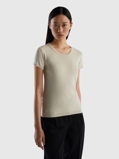 Women's Benetton 100% Cotton Short Sleeve Sweaters Beige | NZ628310