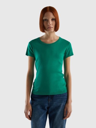 Women's Benetton 100% Cotton Short Sleeve Sweaters Green | NZ794797