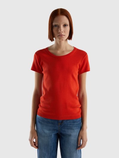 Women's Benetton 100% Cotton Short Sleeve Sweaters Red | NZ873380