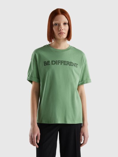 Women's Benetton 100% Cotton Slogan Short Sleeve T-shirts Green | NZ027685