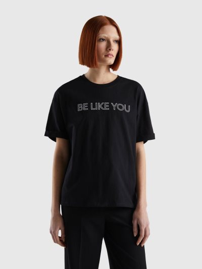 Women's Benetton 100% Cotton Slogan Short Sleeve T-shirts Black | NZ385007