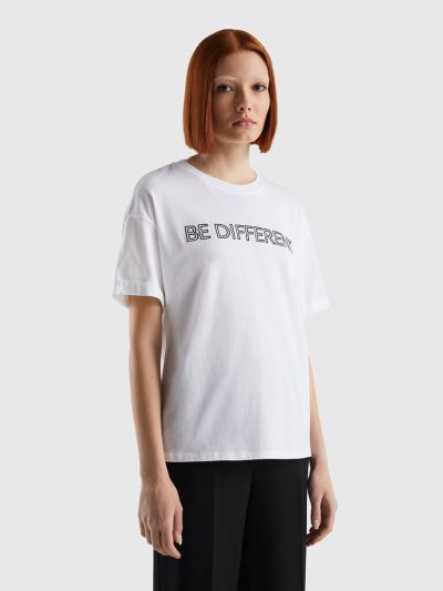 Women's Benetton 100% Cotton Slogan Short Sleeve T-shirts White | NZ446016