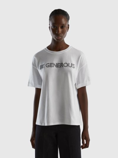 Women's Benetton 100% Cotton Slogan Short Sleeve T-shirts White | NZ976221