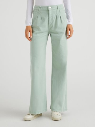 Women's Benetton 100% Cotton Wide Leg Trousers Aqua | NZ271024