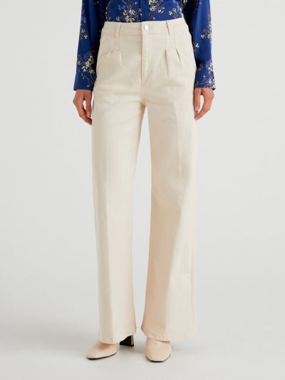 Women's Benetton 100% Cotton Wide Leg Trousers White | NZ387007