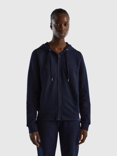 Women's Benetton 100% Cotton Zip And Hood Hoodie Dark Blue | NZ055356
