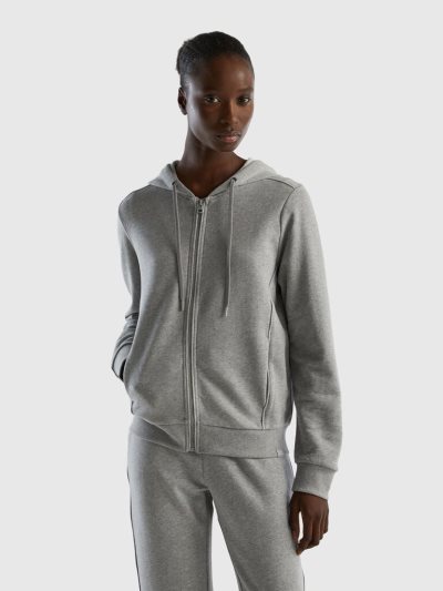 Women's Benetton 100% Cotton Zip And Hood Hoodie Light Grey | NZ120818