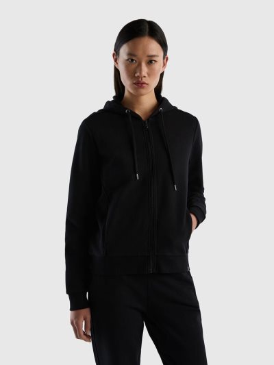 Women's Benetton 100% Cotton Zip And Hood Hoodie Black | NZ238193