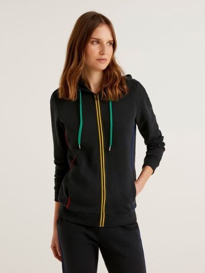 Women's Benetton 100% Cotton Zip And Hood Hoodie Black | NZ480539