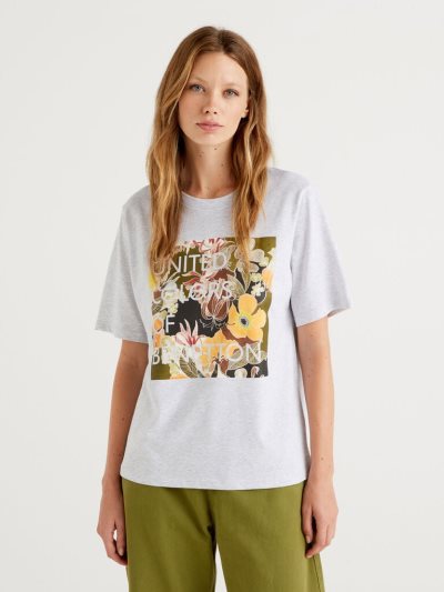 Women's Benetton 100% Organic Cotton Logo Print Short Sleeve T-shirts Grey | NZ129934