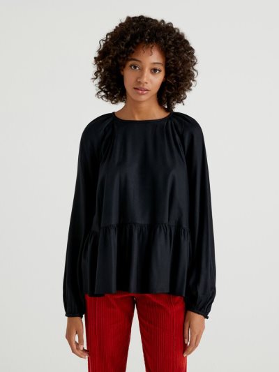 Women's Benetton 100% Viscose Frill Blouse Black | NZ383230