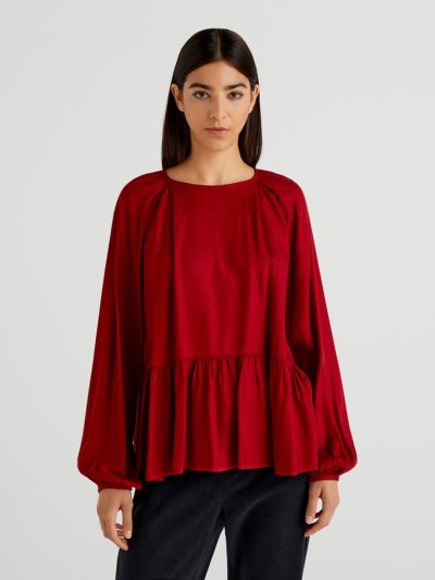 Women's Benetton 100% Viscose Frill Blouse Burgundy | NZ495357