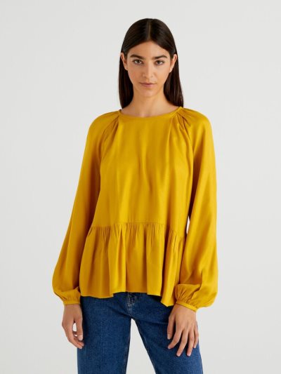 Women's Benetton 100% Viscose Frill Blouse Mustard | NZ816732