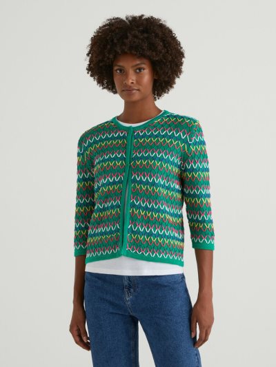 Women's Benetton 3/4 Sleeve Cardigan Green | NZ093442