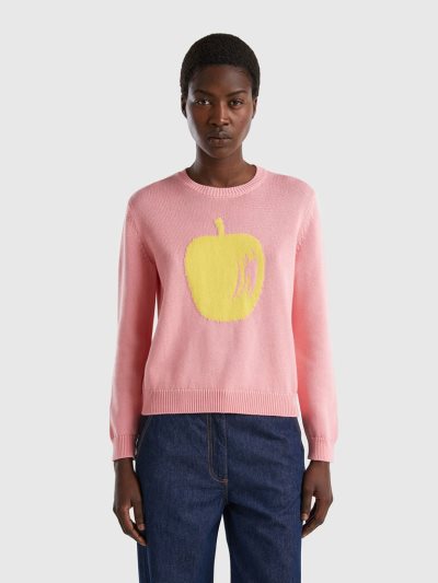 Women's Benetton Apple Inlay Crew Neck Sweaters Pink | NZ513963
