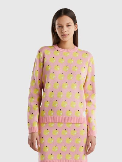 Women's Benetton Apple Pattern Crew Neck Sweaters Pink | NZ161473