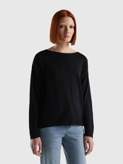 Women's Benetton Boat Neck Sweaters Black | NZ123186