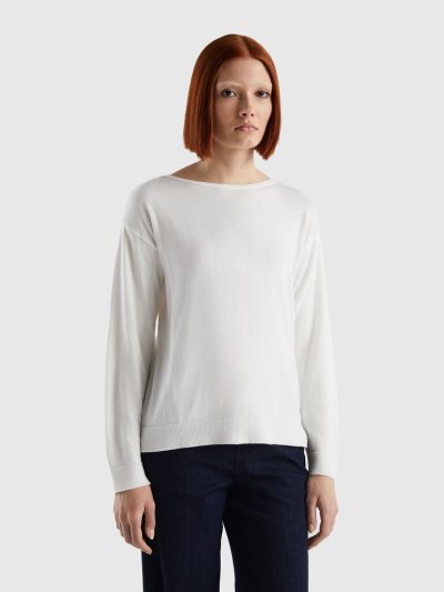 Women's Benetton Boat Neck Sweaters Creamy White | NZ789260