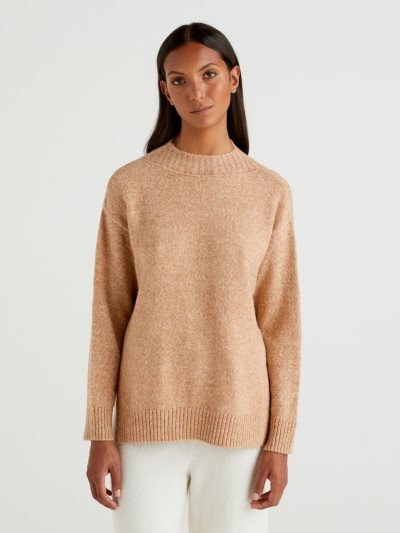 Women's Benetton Boxy Fit Bouclé Wool Blend High Neck Sweaters Beige | NZ870627