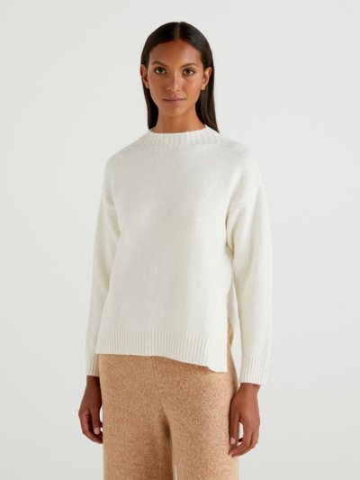 Women's Benetton Boxy Fit Bouclé Wool Blend High Neck Sweaters White | NZ943337