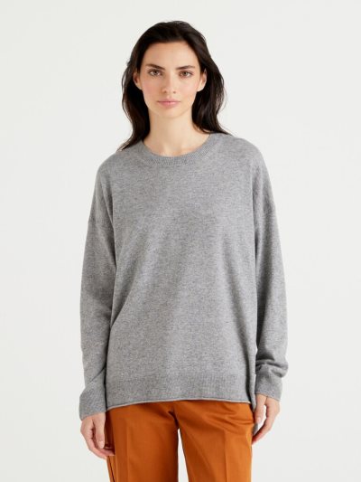 Women's Benetton Boxy Fit Cashmere Blend Crew Neck Sweaters Grey | NZ075797