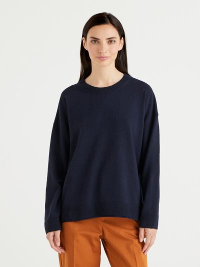 Women's Benetton Boxy Fit Cashmere Blend Crew Neck Sweaters Dark Blue | NZ335153