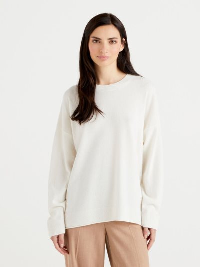 Women's Benetton Boxy Fit Cashmere Blend Crew Neck Sweaters Creamy White | NZ726038