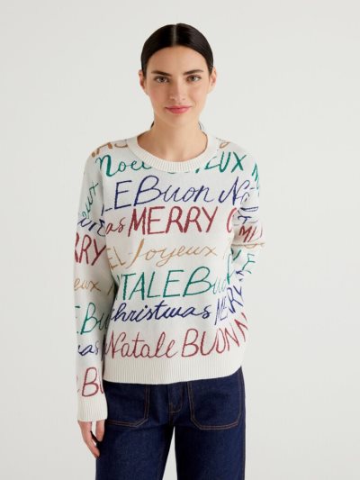 Women's Benetton Boxy Fit Christmas Crew Neck Sweaters Creamy White | NZ551268