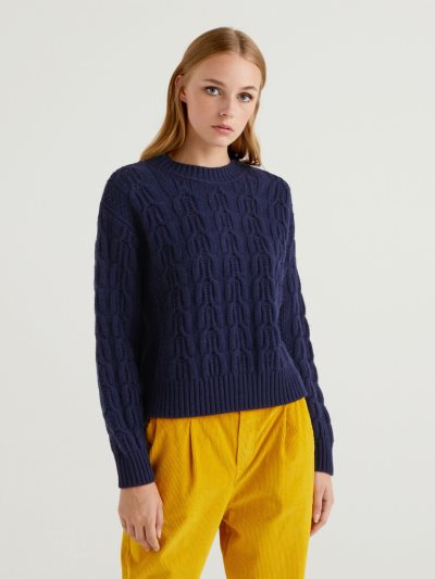 Women's Benetton Boxy Fit Knit Crew Neck Sweaters Dark Blue | NZ275232