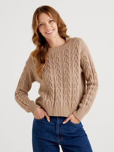Women's Benetton Boxy Fit Knit Crew Neck Sweaters Beige | NZ644557