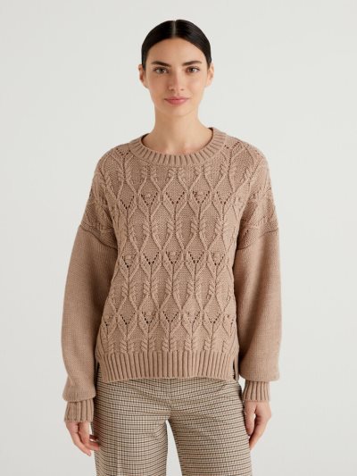 Women's Benetton Boxy Fit Knit Crew Neck Sweaters Beige | NZ805199