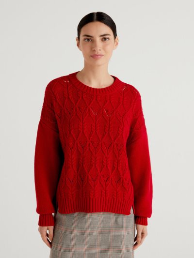 Women's Benetton Boxy Fit Knit Crew Neck Sweaters Red | NZ865531