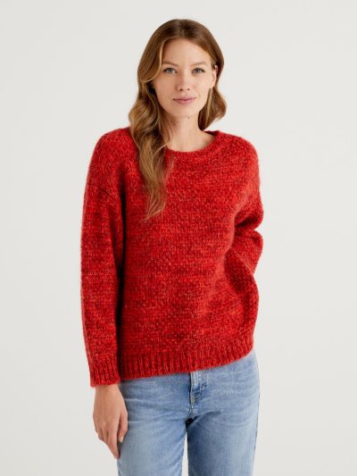 Women's Benetton Boxy Fit Mohair Blend Crew Neck Sweaters Red | NZ731039
