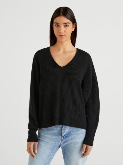 Women's Benetton Boxy Fit V-neck Sweaters Black | NZ146101