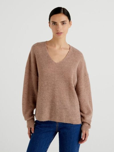 Women's Benetton Boxy Fit V-neck Sweaters Brown | NZ271405