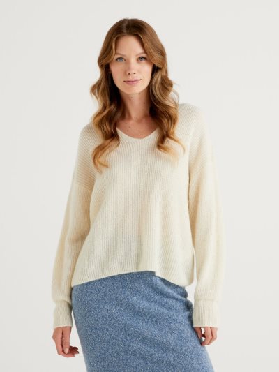 Women's Benetton Boxy Fit V-neck Sweaters Creamy White | NZ463322