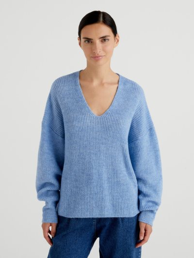 Women's Benetton Boxy Fit V-neck Sweaters Light Blue | NZ830547