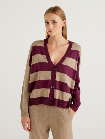 Women's Benetton Boxy Fit Wool Blend Cardigan Plum | NZ112512